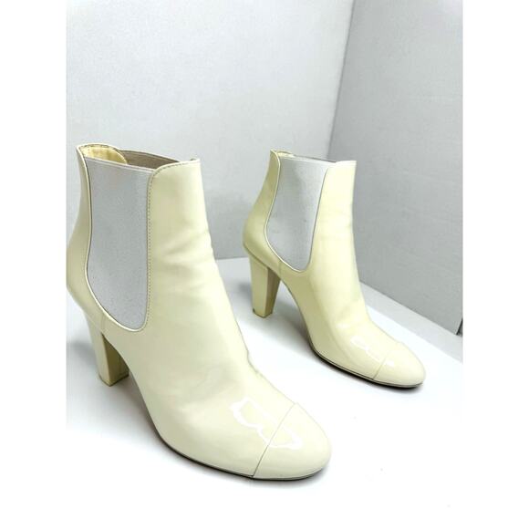 Chanel Ecru Patent Calfskin Cap Toe Ankle EU 38 Classic CC Logo Designer Booties - Picture 5 of 10